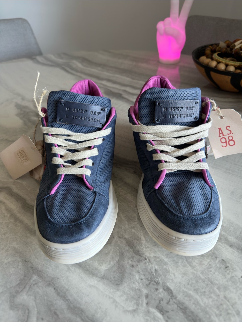 A.S.98 Alfie Blue Pink Perforated Leather Platform Sneakers - Picture 5 of 11